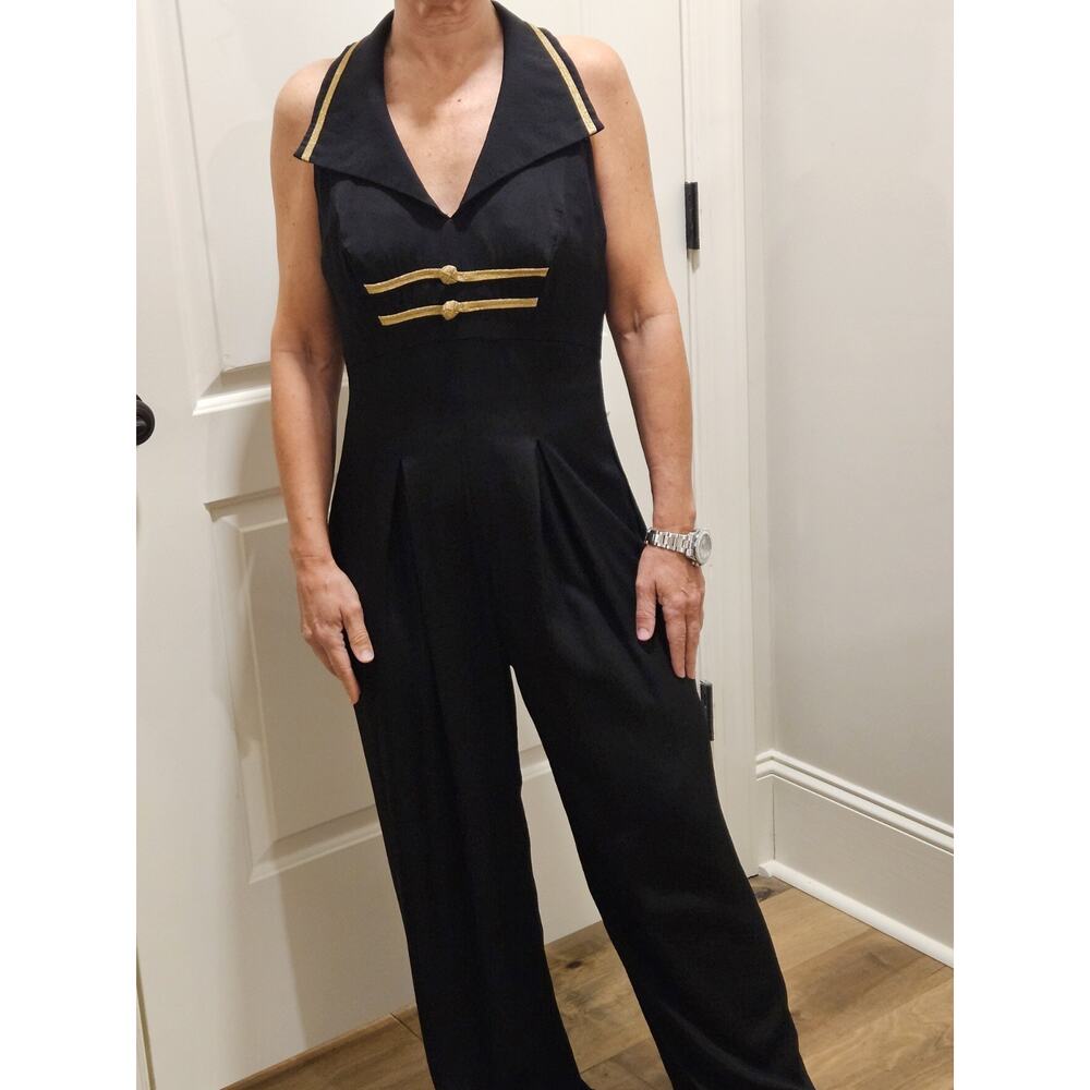 Vtg 80-90s Casual Corner Black Gold Wide Leg Sailor Nautical Jumpsuit Vtg Sz 10